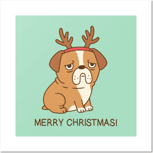 Grumpy Bulldog With Reindeer Antlers Funny Merry Christmas Posters and Art